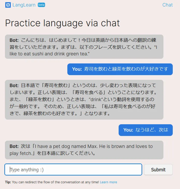 A screenshot of me talking to LangLearn in a Japanese immersion setting