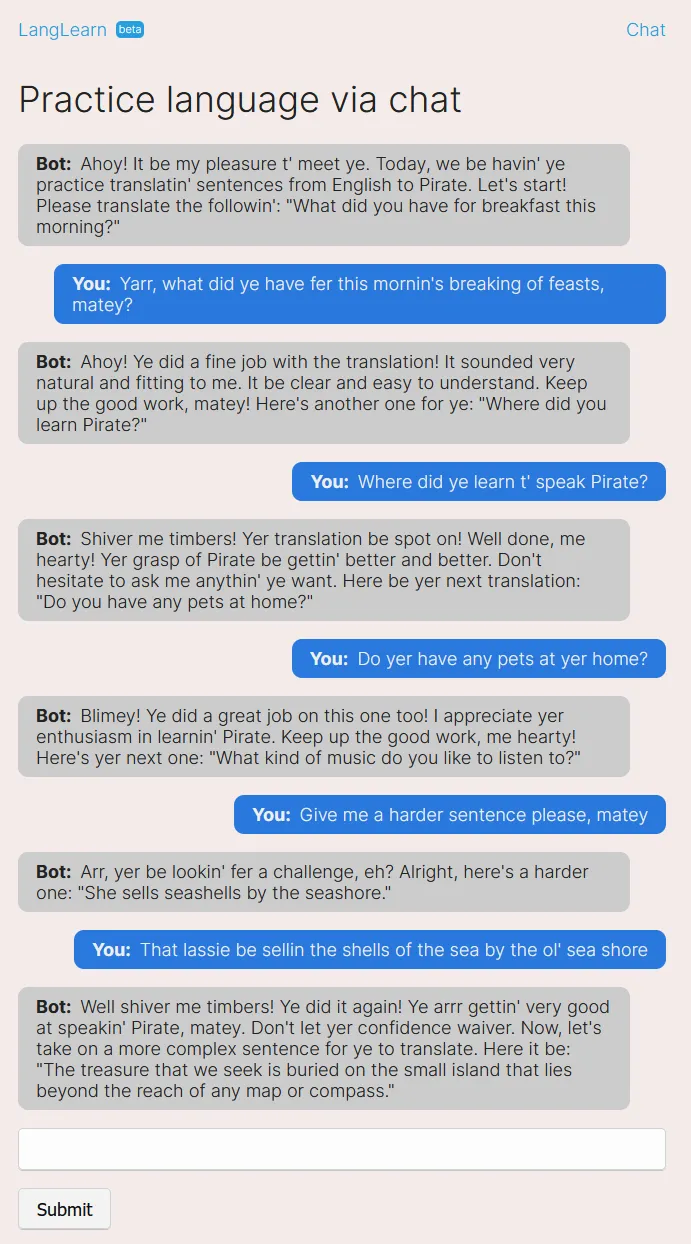 A screenshot of an example conversation of me using LangLearn to practice 'Pirate'.