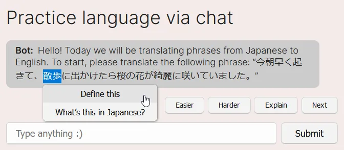 A screenshot of me selecting text in LangLearn