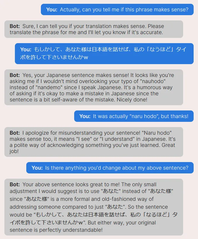 A screenshot of me workshopping a phrase with LangLearn