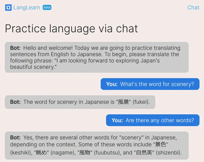 A screenshot of an example conversation of me using LangLearn to practice Japanese.